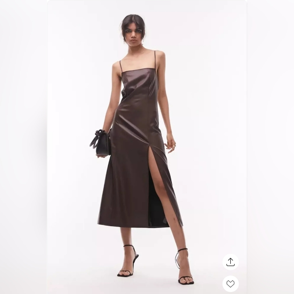 Topshop Chocolate Brown Satin Midi Slip Dress with Side Slit